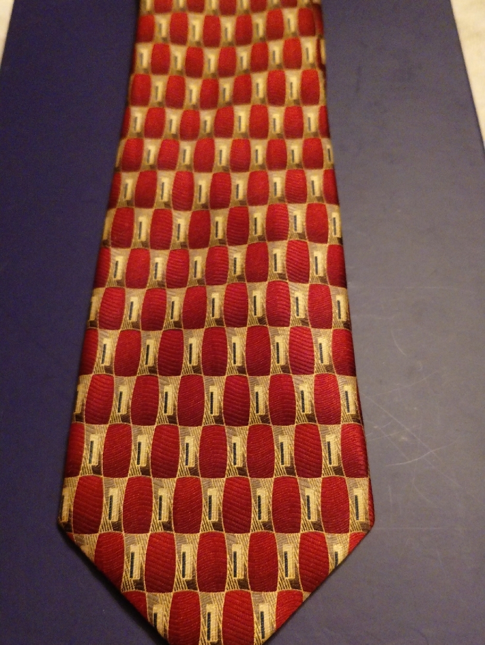 Red and Gold Geometric Silk Tie, Italy Umberto Bossi VG Big Tall